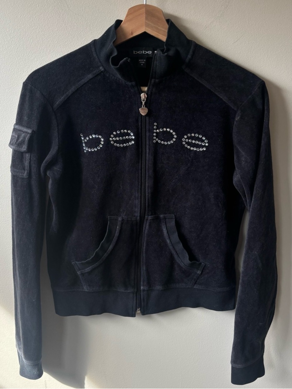 Bebe Black Velour Zip Up Sweatshirt